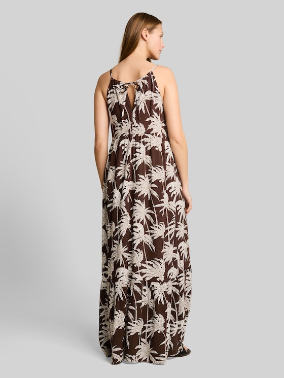 Maxi dress with flounces - brown palmtree print