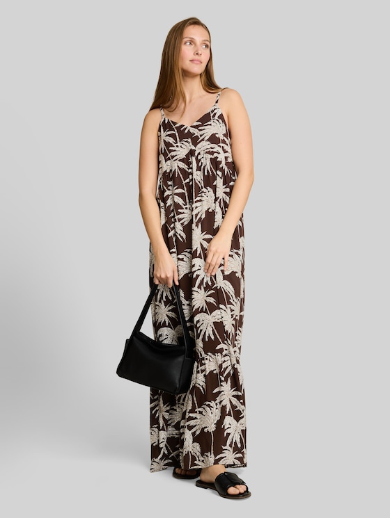 Maxi dress with flounces - brown palmtree print