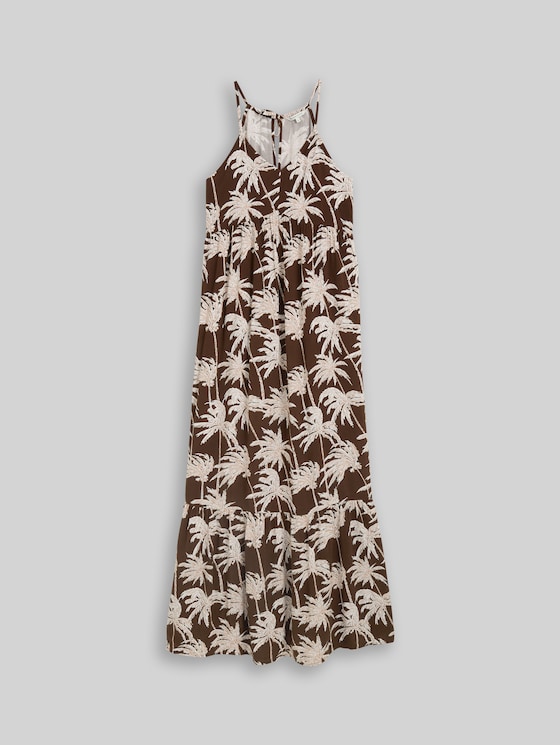 Maxi dress with flounces - brown palmtree print