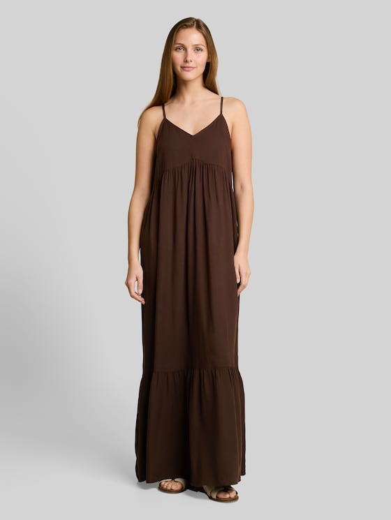 Maxi dress with flounces - cool dark brown