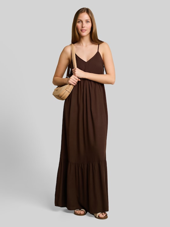 Maxi dress with flounces - cool dark brown