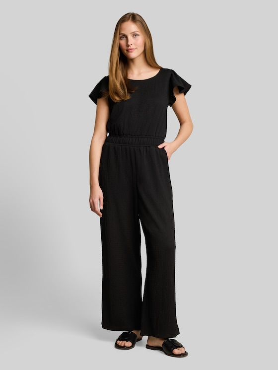 Crinkle jumpsuit with ruffled sleeves - deep black