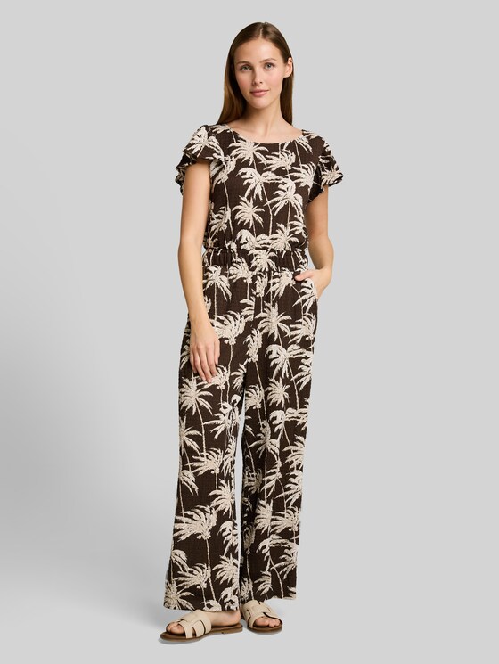 Crinkle jumpsuit with ruffled sleeves - brown palmtree print
