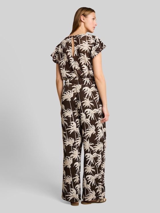 Crinkle jumpsuit with ruffled sleeves - brown palmtree print
