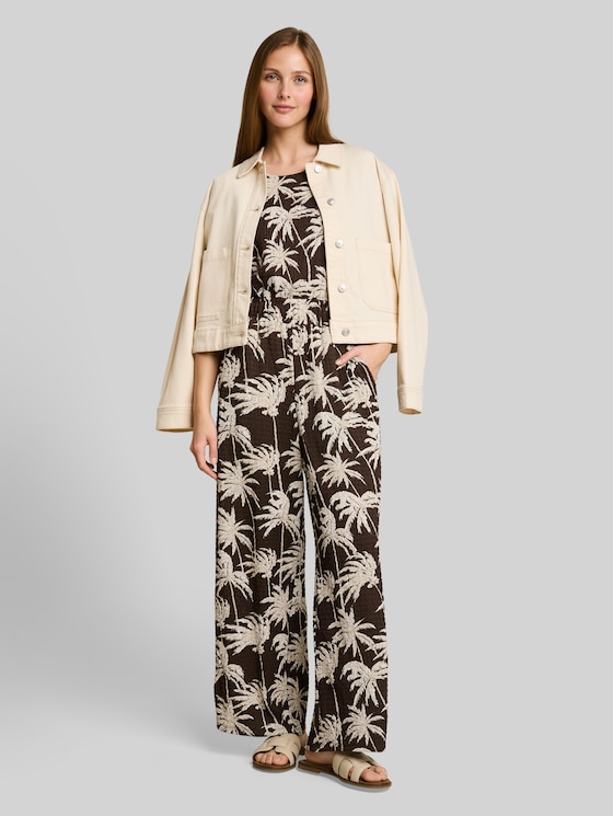 Crinkle jumpsuit with ruffled sleeves - brown palmtree print
