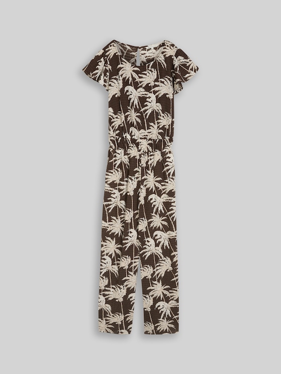 Crinkle jumpsuit with ruffled sleeves - brown palmtree print