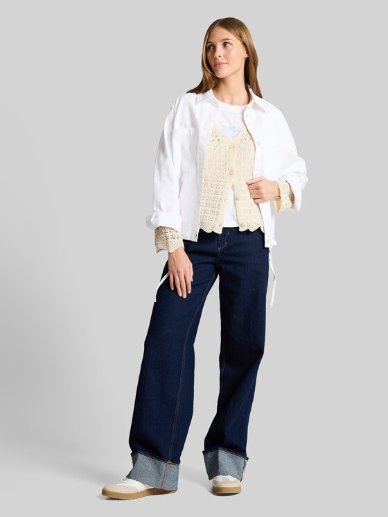 Relaxed-fit cardigan with lace pattern - Dove White