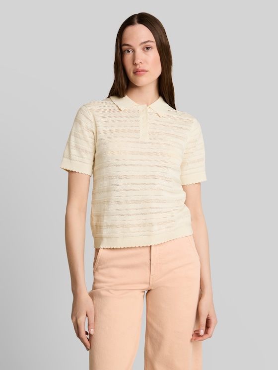 Knitted polo shirt with eyelet pattern - Dove White