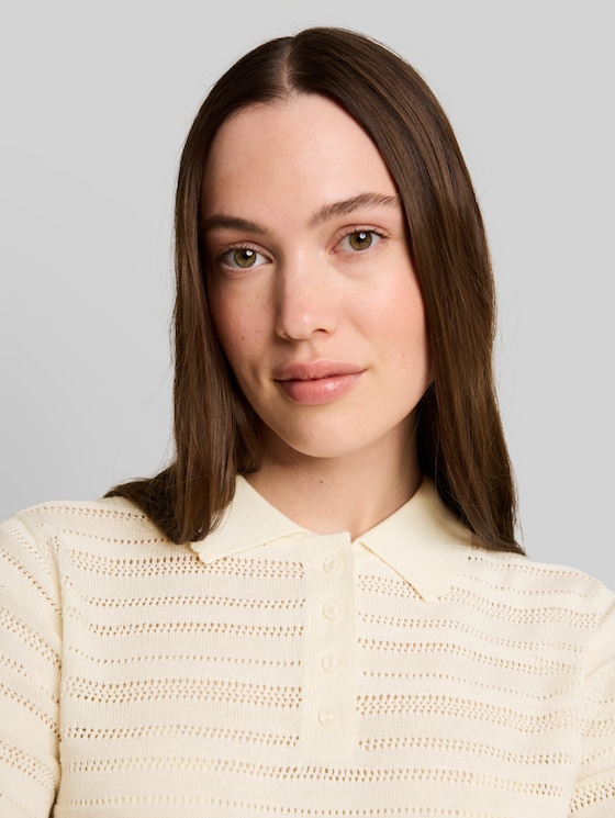 Knitted polo shirt with eyelet pattern - Dove White