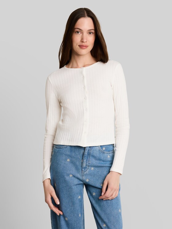 Pointelle cardigan with button placket - off white