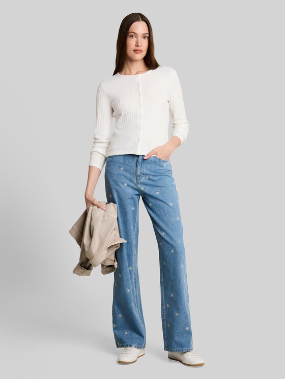Pointelle cardigan with button placket - off white