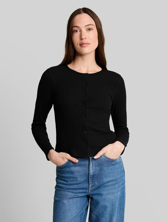 Pointelle cardigan with button placket - deep black