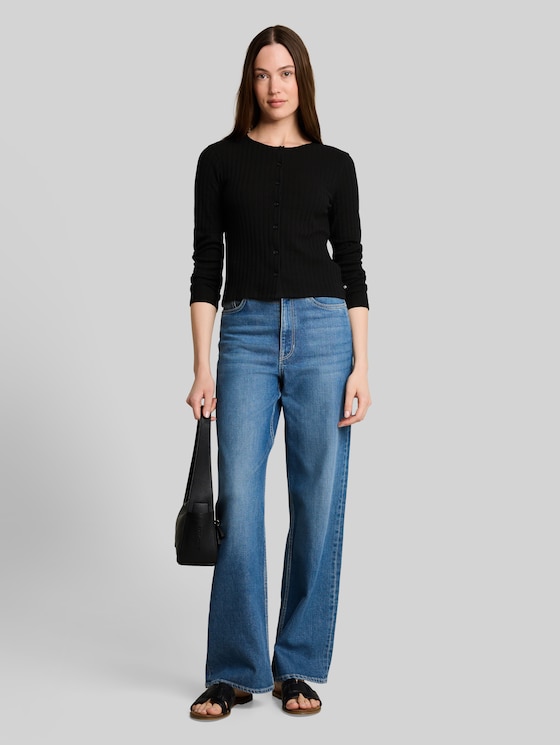 Pointelle cardigan with button placket - deep black