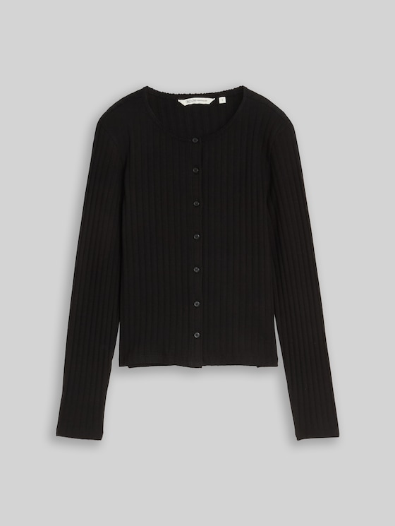 Pointelle cardigan with button placket - deep black