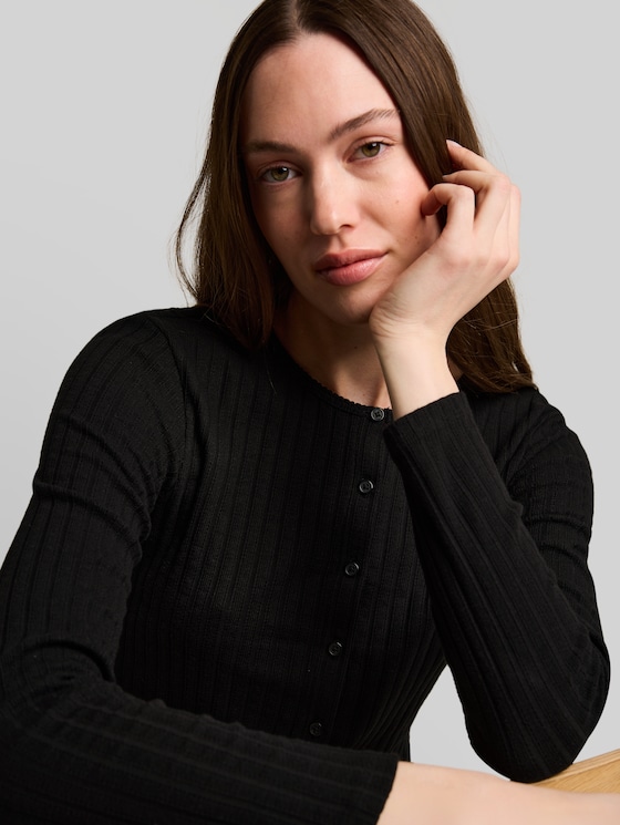 Pointelle cardigan with button placket - deep black