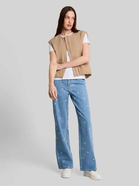 TTLINOU WIDE jeans with floral embroidery - blue white daisy embroidery