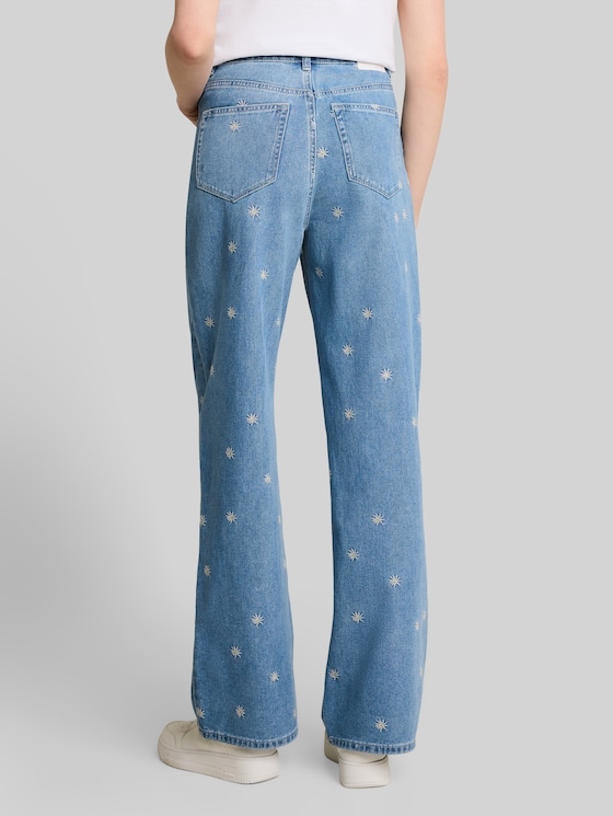 TTLINOU WIDE jeans with floral embroidery - blue white daisy embroidery
