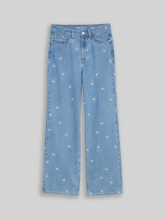 TTLINOU WIDE jeans with floral embroidery - blue white daisy embroidery