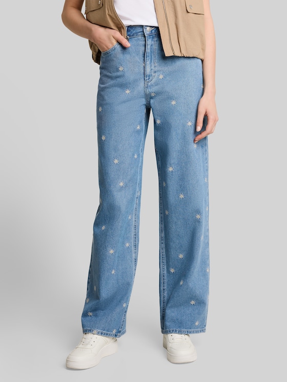TTLINOU WIDE jeans with floral embroidery - blue white daisy embroidery