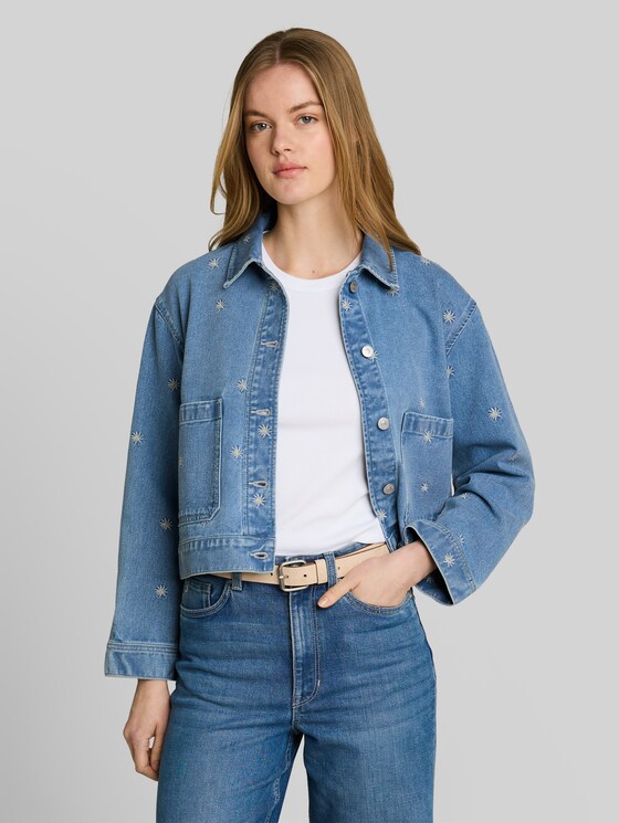 Denim jacket with embroidery - blue white daisy embroidery