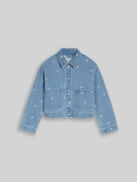Denim jacket with embroidery - blue white daisy embroidery