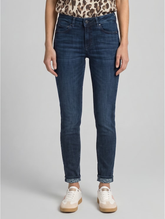 TTEDDA SLIM jeans with leopard-print cuffs - dark blue denim
