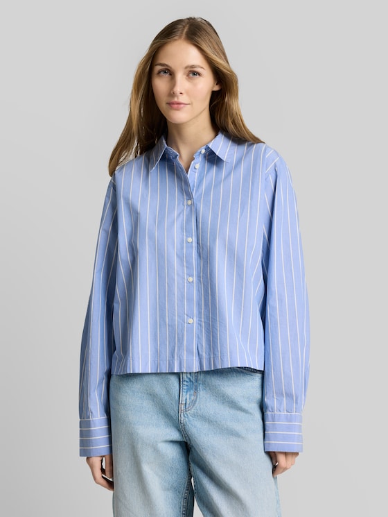 Boxy-fit cotton shirt blouse - mid blue white stripe
