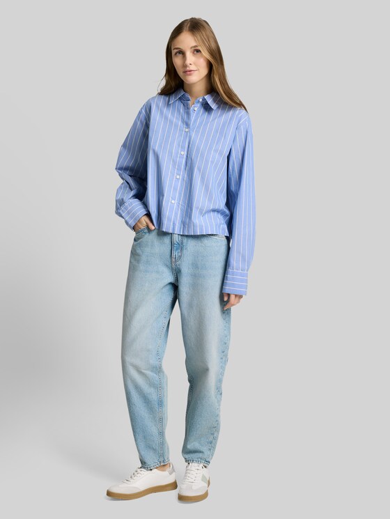 Boxy-fit cotton shirt blouse - mid blue white stripe