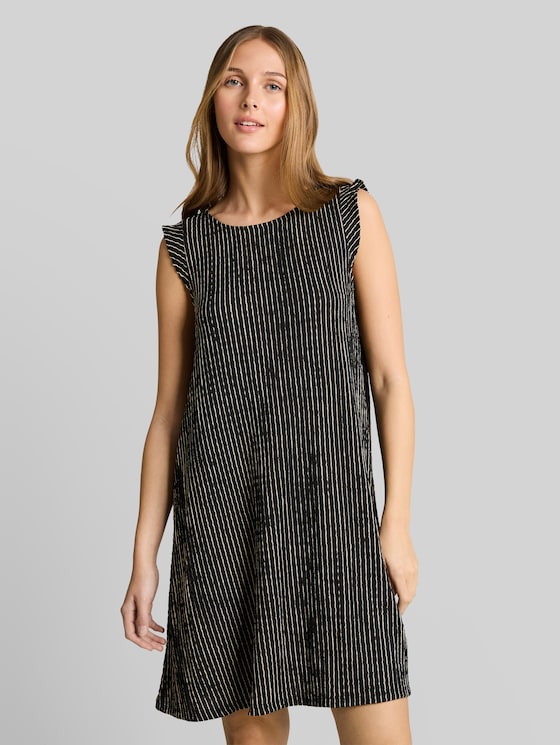 Crinkle mini dress with flounce sleeves - black beige stripe