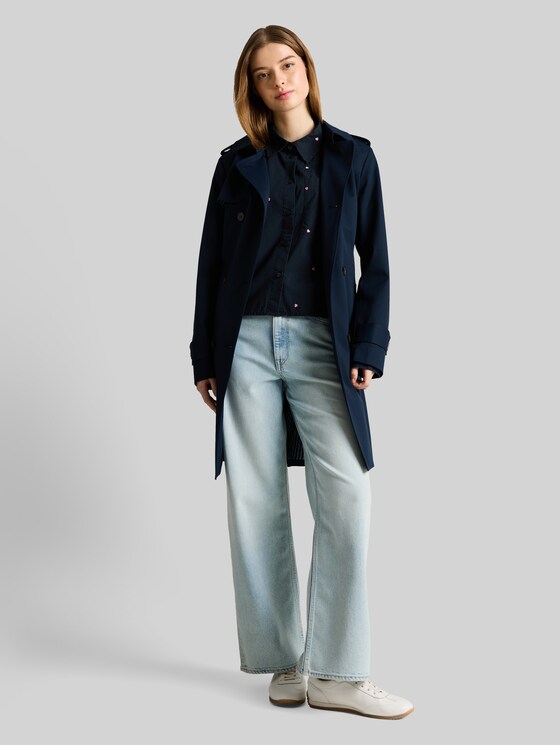 Boxy-fit shirt blouse with embroidery - navy pink heart embroidery