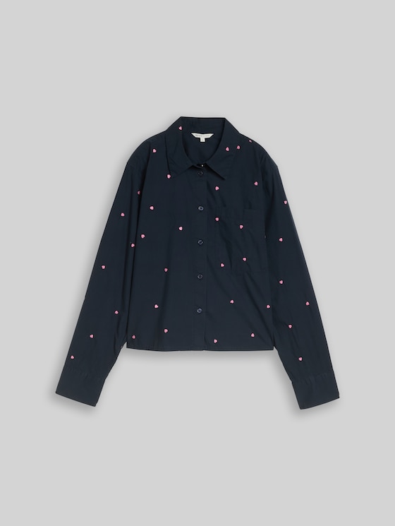 Boxy-fit shirt blouse with embroidery - navy pink heart embroidery
