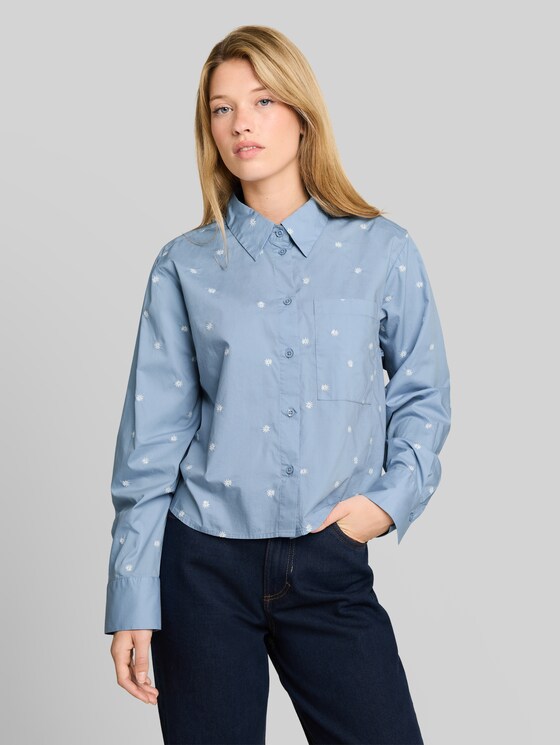 Boxy-fit shirt blouse with embroidery - midblue white daisy embroidery