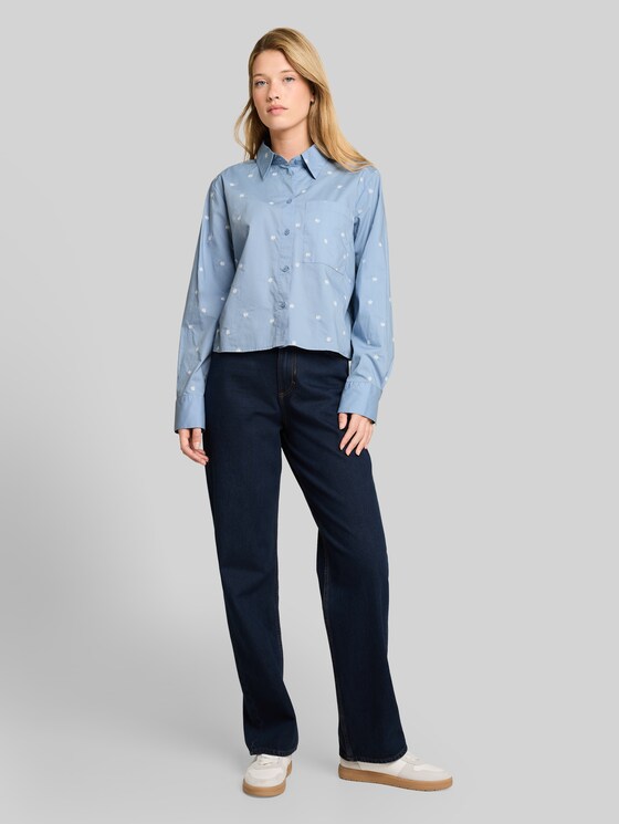 Boxy-fit shirt blouse with embroidery - midblue white daisy embroidery