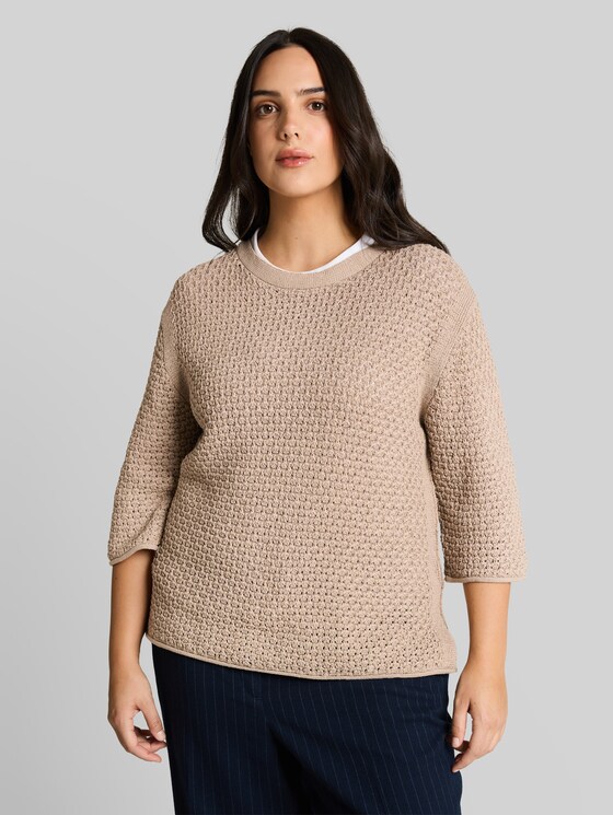 Plus Size - loose fit knitted jumper with eyelet pattern - soft taupe grey