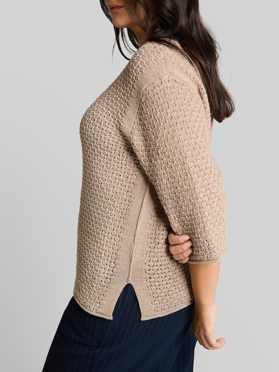 Plus Size - loose fit knitted jumper with eyelet pattern - soft taupe grey