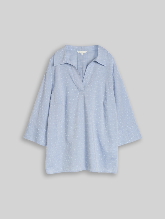 Plus Size - loose fit blouse with embroidery - blue white dobby