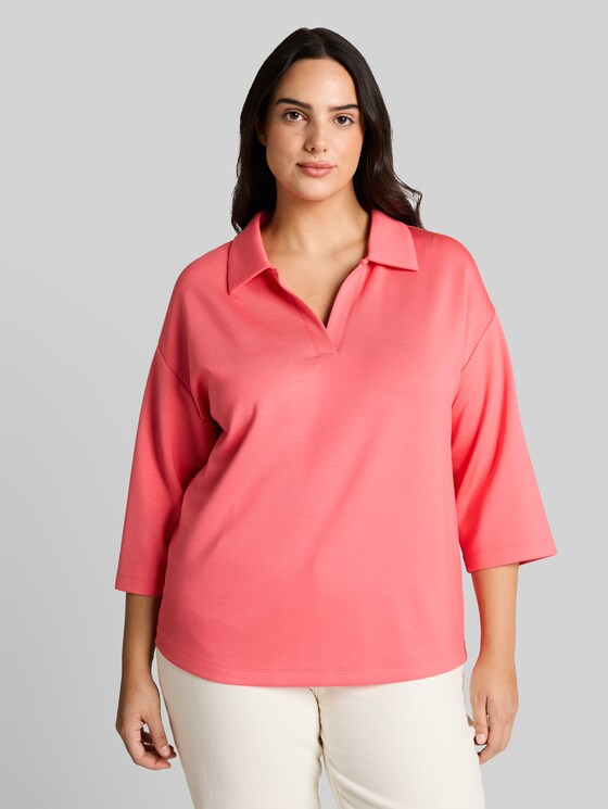 Plus Size - loose fit scuba long-sleeved shirt with polo collar - soft coral pink