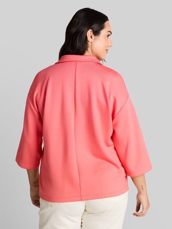 Plus Size - loose fit scuba long-sleeved shirt with polo collar - soft coral pink