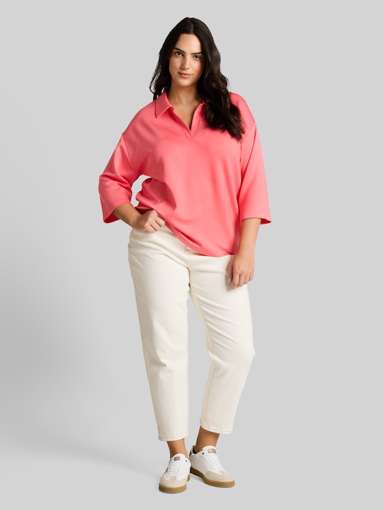 Plus Size - loose fit scuba long-sleeved shirt with polo collar - soft coral pink