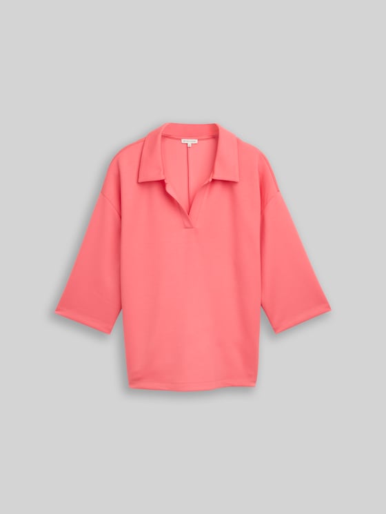Plus Size - loose fit scuba long-sleeved shirt with polo collar - soft coral pink