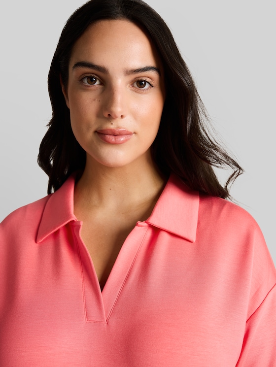 Plus Size - loose fit scuba long-sleeved shirt with polo collar - soft coral pink