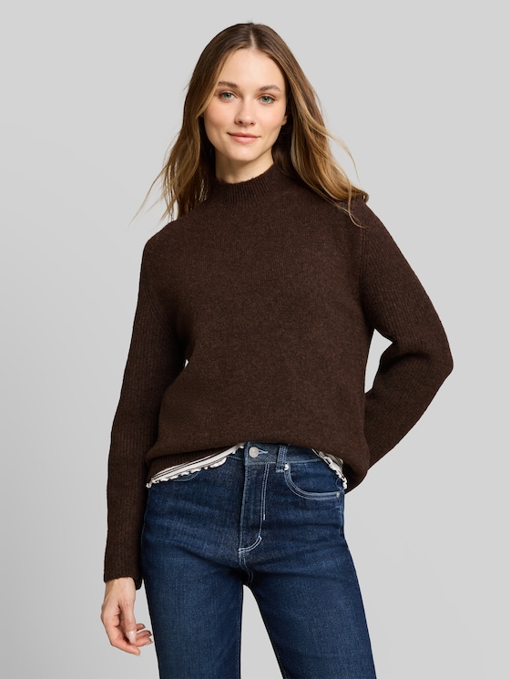 Knitted jumper with wool content - cool dark brown melange