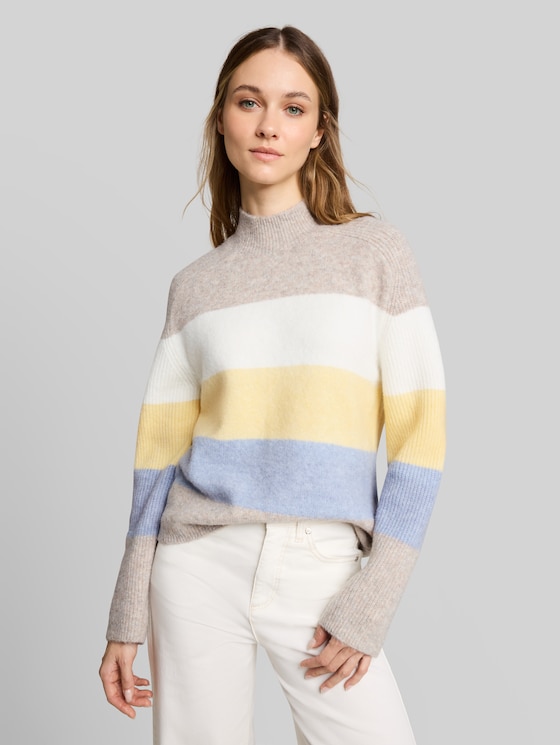 Knitted jumper with wool content - beige yellow colorblock stripe