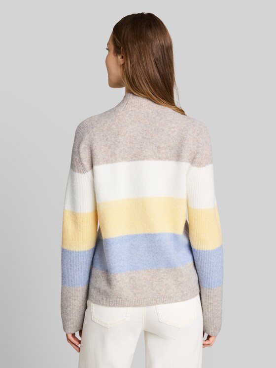 Knitted jumper with wool content - beige yellow colorblock stripe
