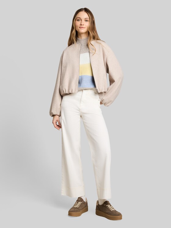 Knitted jumper with wool content - beige yellow colorblock stripe