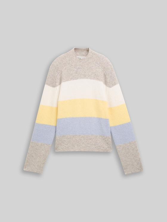Knitted jumper with wool content - beige yellow colorblock stripe