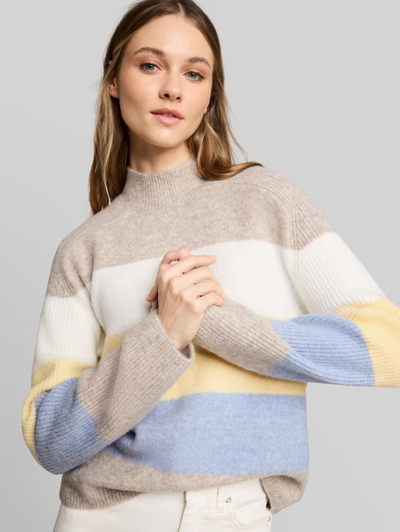 Knitted jumper with wool content - beige yellow colorblock stripe