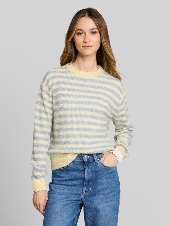Lightweight knitted jumper with alpaca blend - mid blue yellow stripe