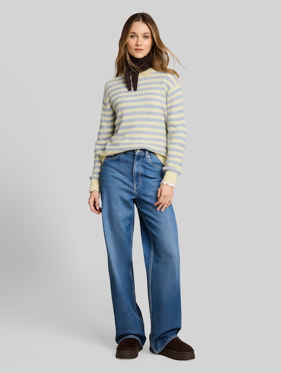 Lightweight knitted jumper with alpaca blend - mid blue yellow stripe