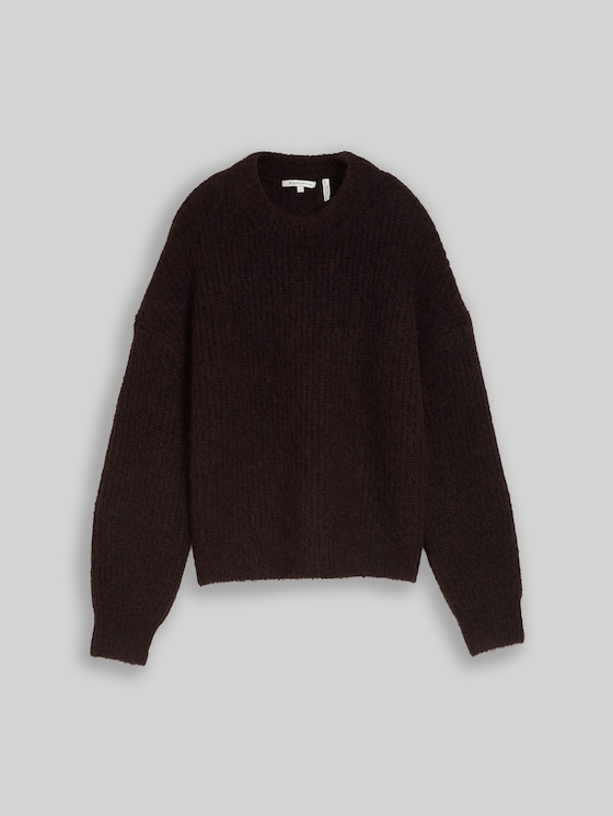 Relaxed-fit knitted jumper with a round neckline - dark plum melange